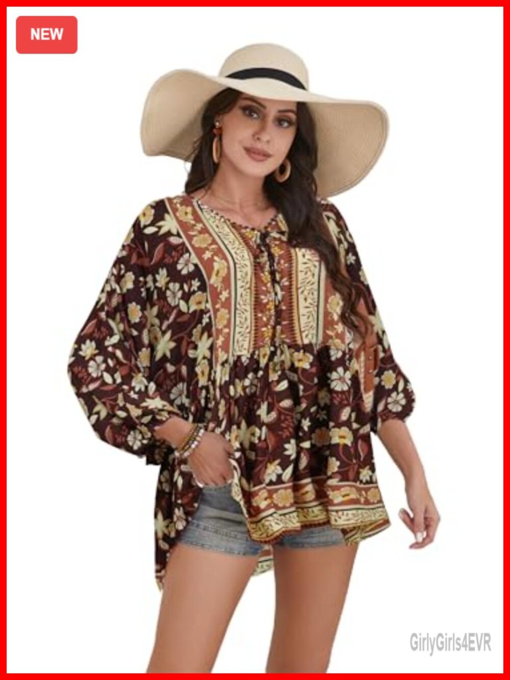 Boho Floral Print Tunic Blouse V-Neck 3/4 Sleeve Rayon Relaxed Fit